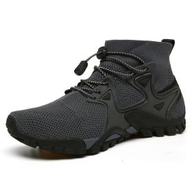 Outdoor Mesh Fly Weaving Sports Hiking Shoes Men Big Child Fashion Breathable High-top Climbing Amphibious Walking Elastic Laces - 319 dark grey - 44