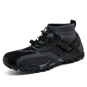 Outdoor Mesh Fly Weaving Sports Hiking Shoes Men Big Child Fashion Breathable High-top Climbing Amphibious Walking Elastic Laces - 313 gray black - 36