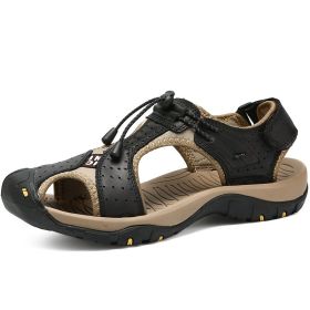 Men Summer Sandal Cow Leather Hiking Sandal Man Beach Sandal Outdoor Casual Shoe High Quality Leather Aqua Shoes Plus Size 46 - Black - 43
